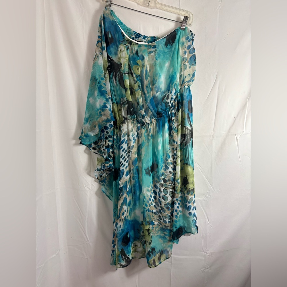 Turquoise Floral Abstract One Shoulder Flowy Boho Beach Goddess Dress Size L-XL - Picture 5 of 13